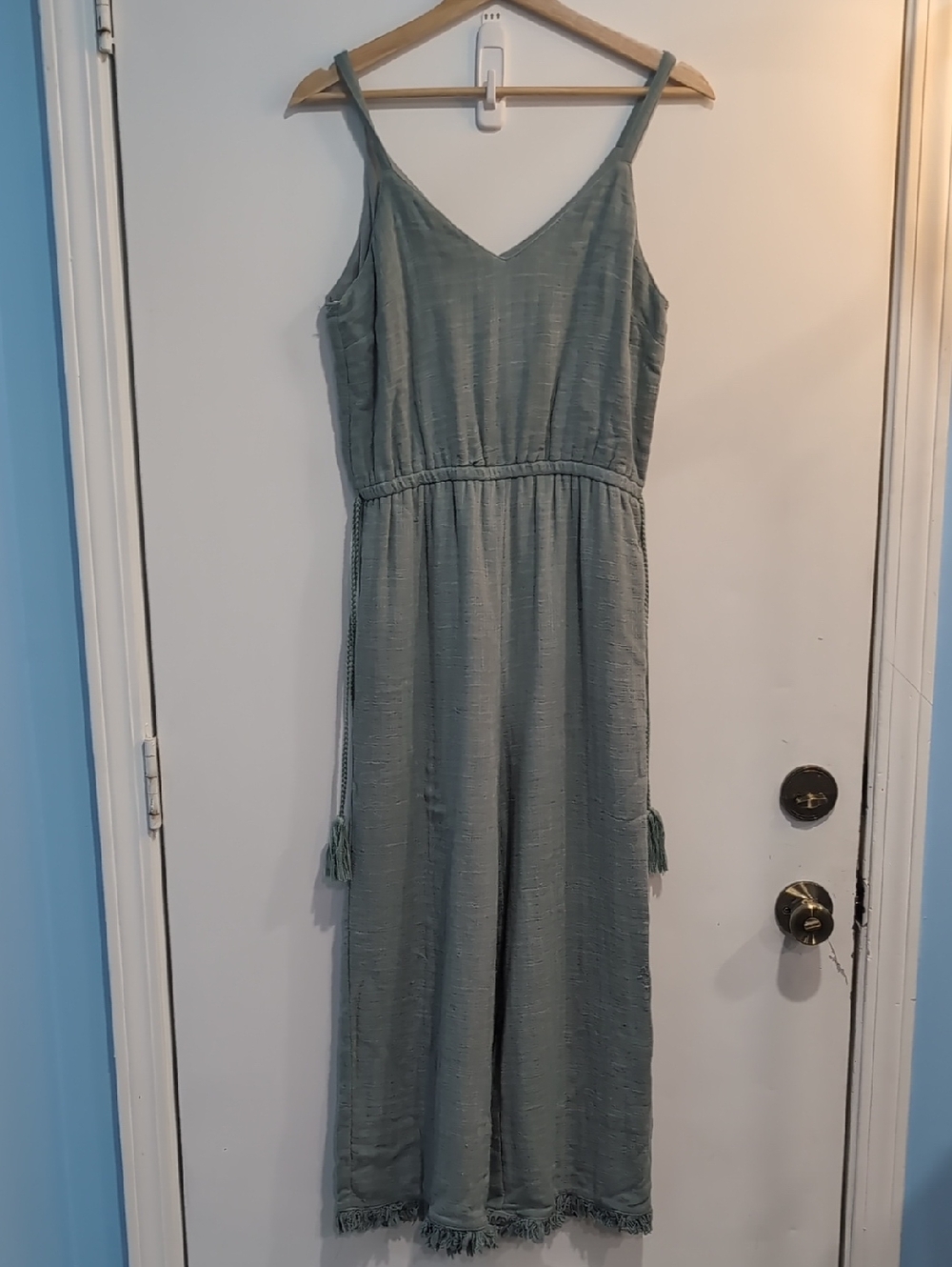 Moon River Jumpsuit Sage Green Crop Wide Leg Raw Hem Tassels Fringe Linen Small